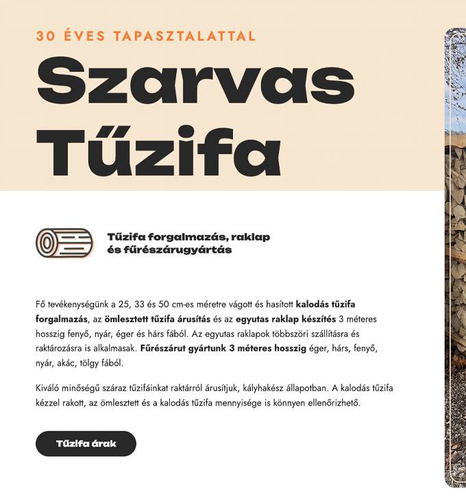 Szarvastuzifa.hu - Kalodás és ömlesztett tűzifa forgalmazás, raklap készítés - reszponzív weboldal készítés